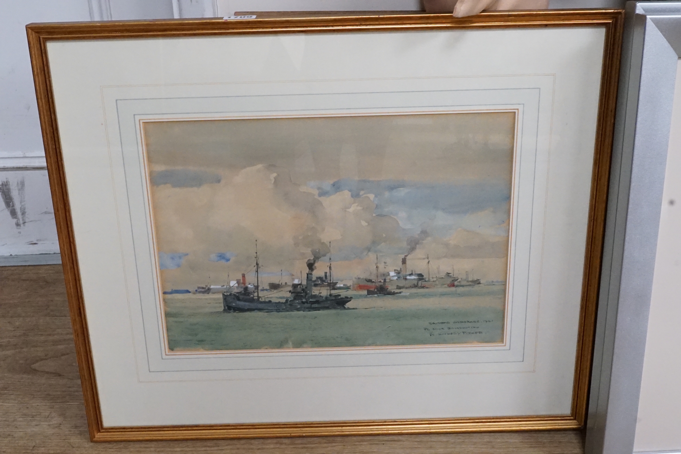 Neville Sotheby Pitcher (1889-1959), watercolour, 'Southend Anchorage 1941', signed, 26 x 37cm